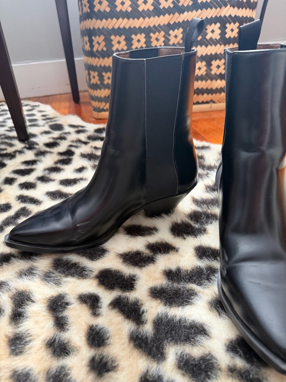 H&M faux Black Leather Block Heel Slight Square Toe Ankle Boots